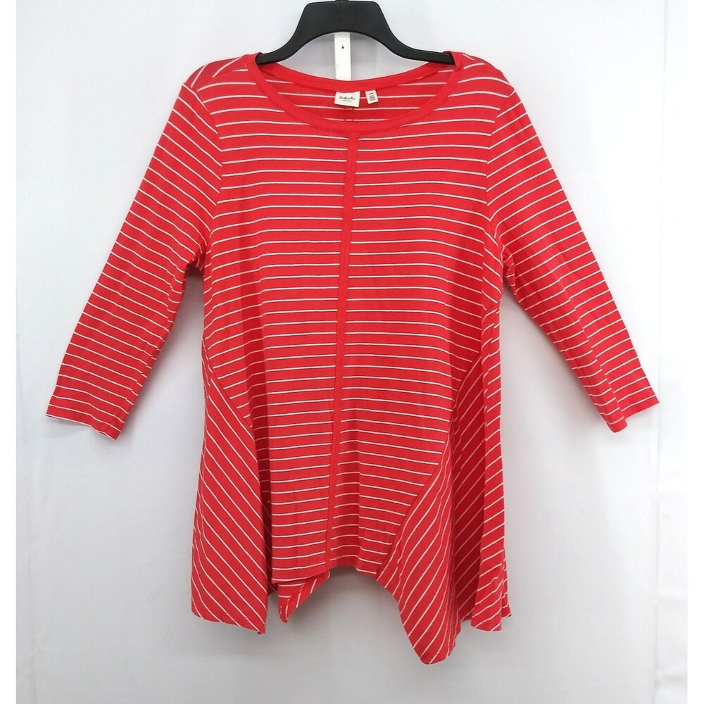 Rafaella Shirt Women Size L Coral Orange Striped 3/4 Sleeve Casual Tunic Top